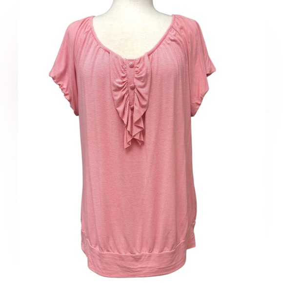 Lane Bryant Striped Popover with Ruffle and Faux Buttons. - Picture 2 of 8